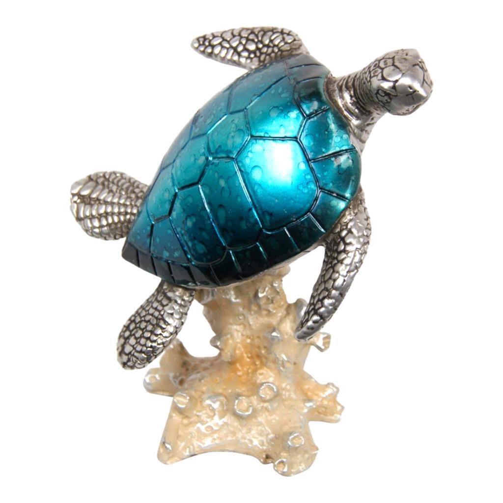Blue Sea Turtle On Coral Statue 18cm Figurine Metallic Gift Decor Ornament