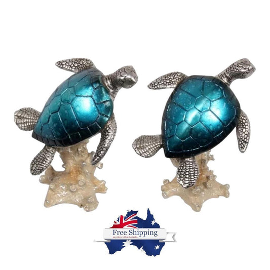 Blue Sea Turtle On Coral Statue 18cm Figurine Metallic Gift Decor Ornament
