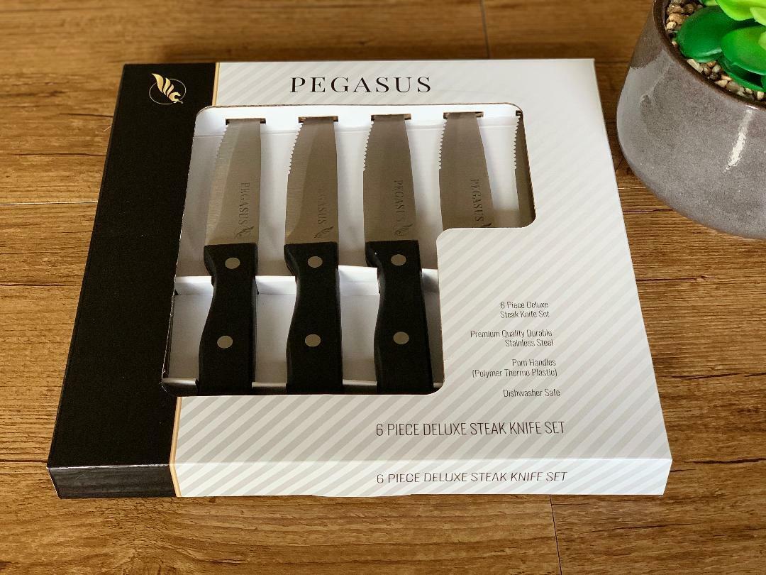 Steak Knife Set Pegasus Deluxe Stainless Steel Blade 6pcs Jumbo Knives Gift Box
