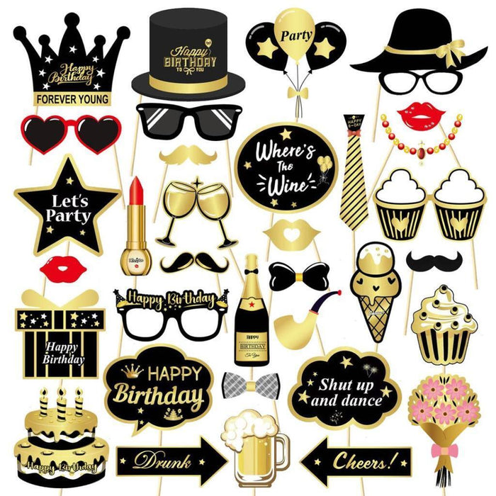 Happy Birthday Photo Booth Props Funny Party Supplies Decoration 34pc Gold Black