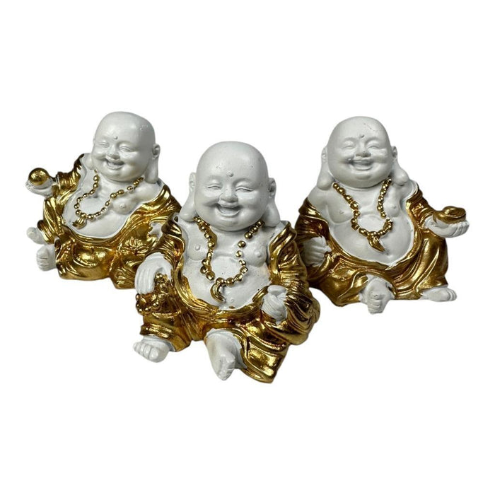 Mini Buddha Statues White & Gold Shiny Happy Ornament Figurines 4cm Set of 3