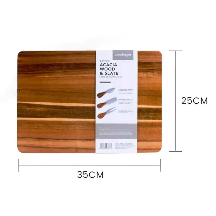 4 Piece Wood & Slate Cheese Board & Knife Set Charcuterie Board Serving Tray