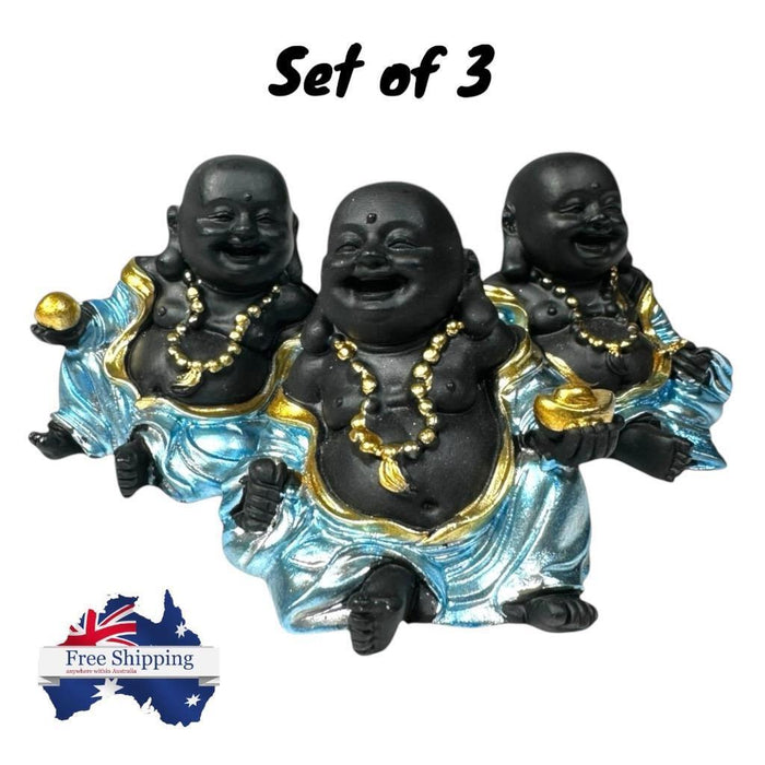 Mini Buddha Statues Blue Shiny Happy Ornament Figurines 4cm Set of 3