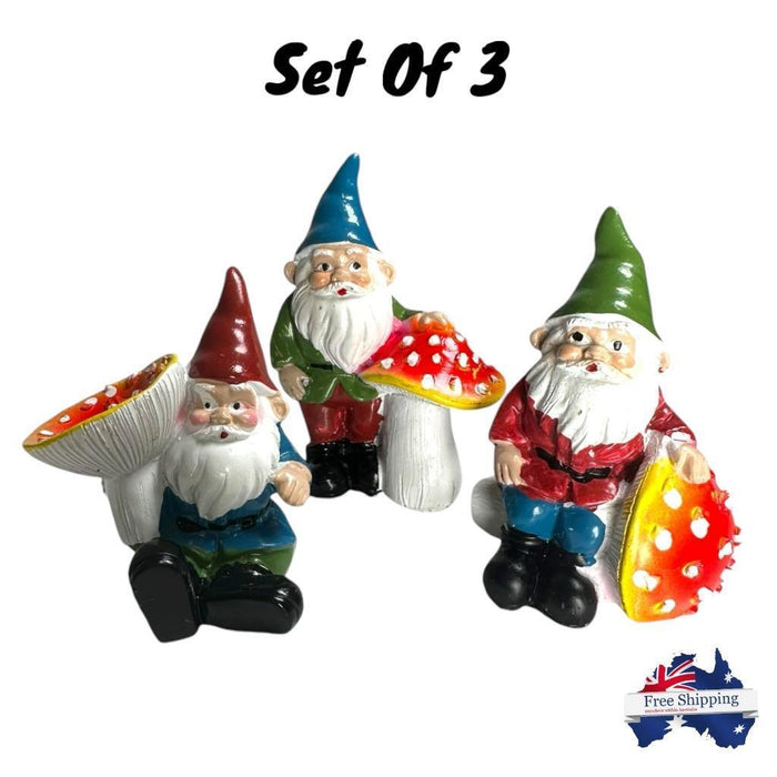 7cm Garden Gnomes With Mushroom Statue Figurine Fairy Garden Accessories 3pcs