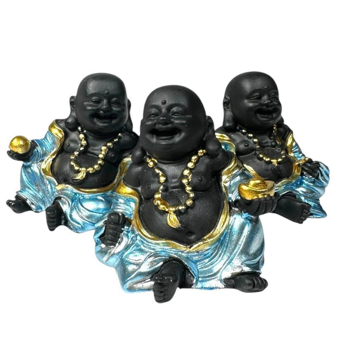 Mini Buddha Statues Blue Shiny Happy Ornament Figurines 4cm Set of 3