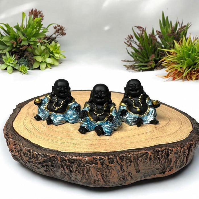 Mini Buddha Statues Blue Shiny Happy Ornament Figurines 4cm Set of 3