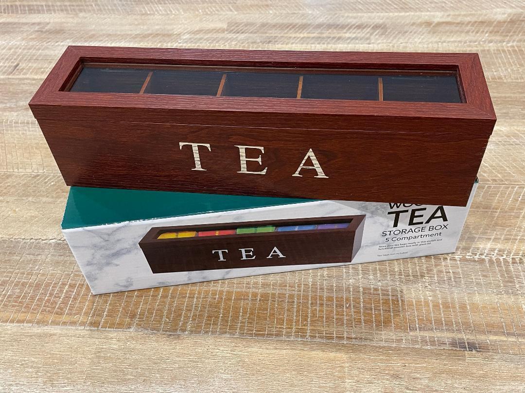 Tea Box Tea Bag Organizer Tea Holder Wooden Tea Chest Glass Lid 5 Compartment