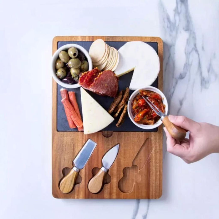 4 Piece Wood & Slate Cheese Board & Knife Set Charcuterie Board Serving Tray