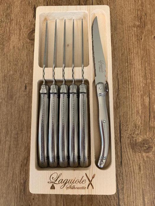 Laguiole Silhouette Steak Knife Set Silver Stainless Steel 6 Knives Inox 430