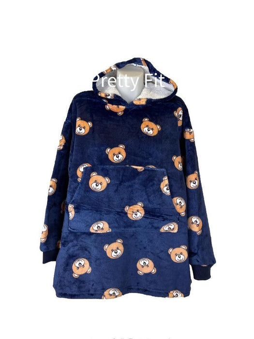 Hooded Blanket Soft Cozy Warm Fleece Wearable Kids Blanket Hoodie Navy Bear