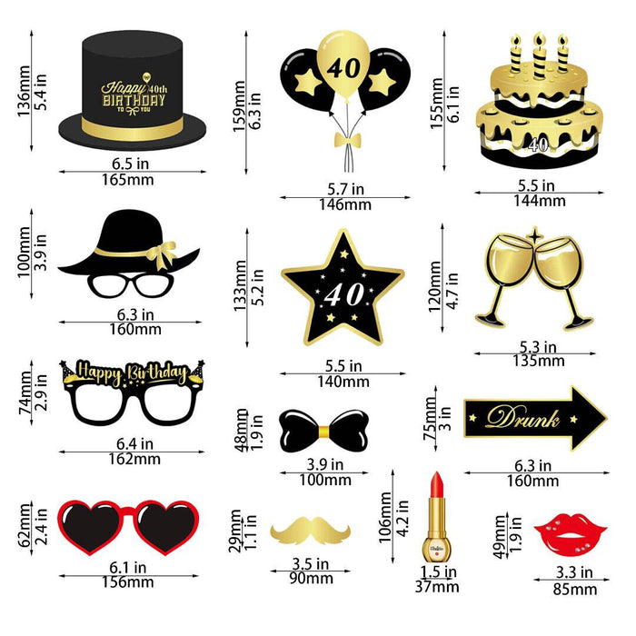 40th Birthday Photo Booth Props Funny Party Supplies Decorations 34pc Gold Black