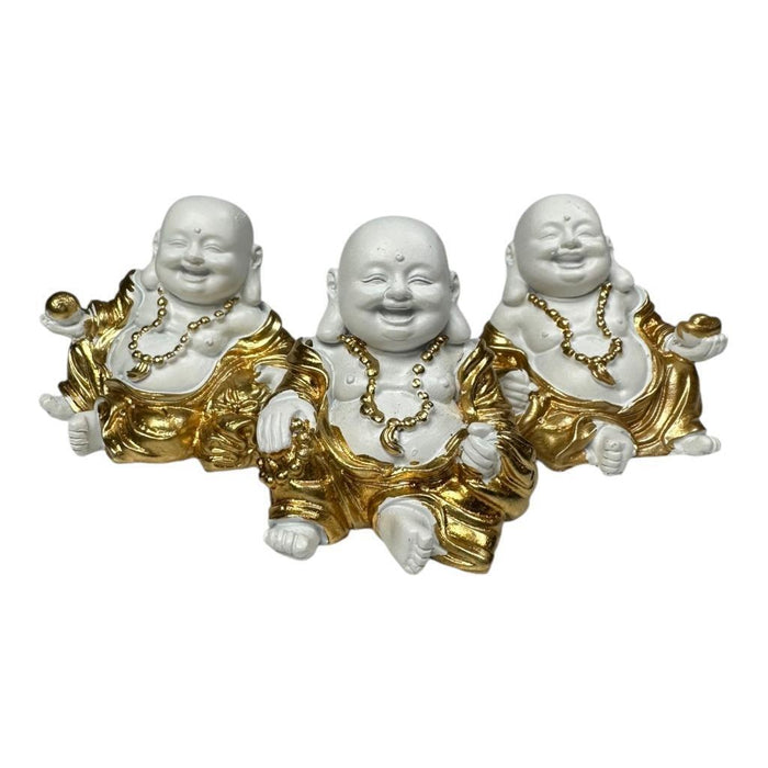 Mini Buddha Statues White & Gold Shiny Happy Ornament Figurines 4cm Set of 3