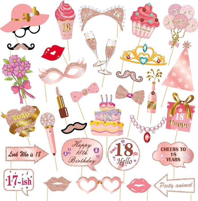 18th Birthday Photo Booth Props Funny Party Supplies Decorations 33pc Rose Gold