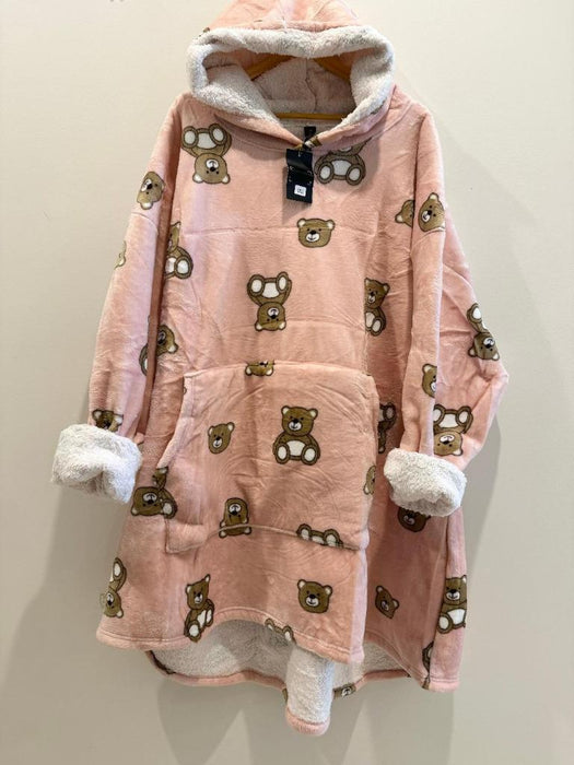 Hooded Blanket Soft Thick Warm Fleece Wearable Oversize Blanket Hoodie Pink Bear