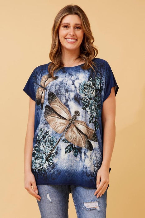 Caroline Morgan Women Casual Summer Top Dragonfly Flora Print Glitter Loose Tops