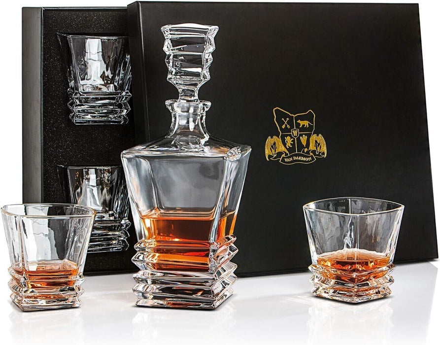 Crystal Decanter & Whiskey Glasses Set Bourbon Scotch Gift Fathers day Christmas