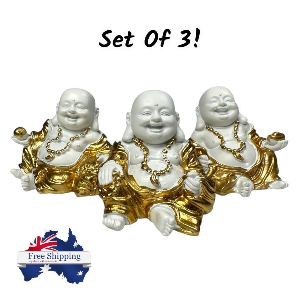 Mini Buddha Statues White & Gold Shiny Happy Ornament Figurines 4cm Set of 3
