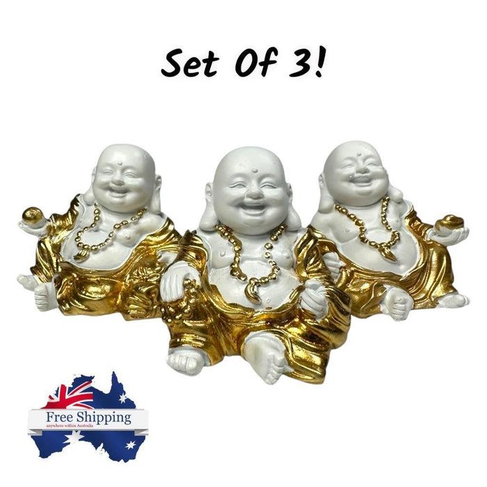 Mini Buddha Statues White & Gold Shiny Happy Ornament Figurines 4cm Set of 3