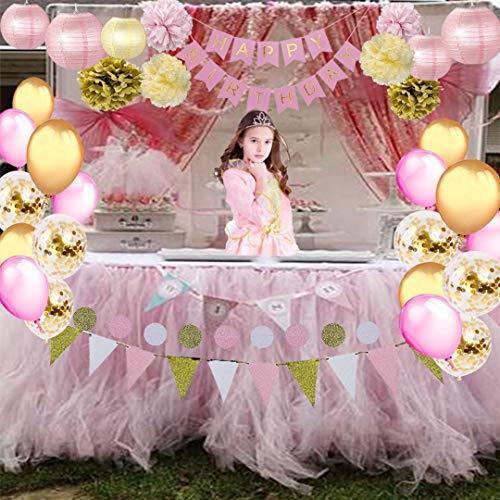 Pink Gold Birthday Party Decorations set Pom Poms Lanterns Confetti Balloons