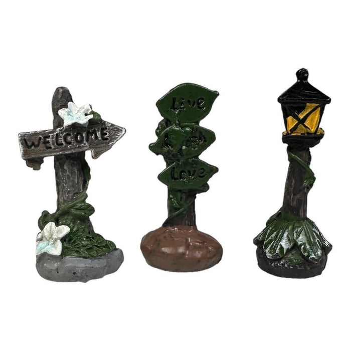 Miniature Fairy Garden Accessories Sign Posts, Lamps & Heart Stepping Stones 6pc