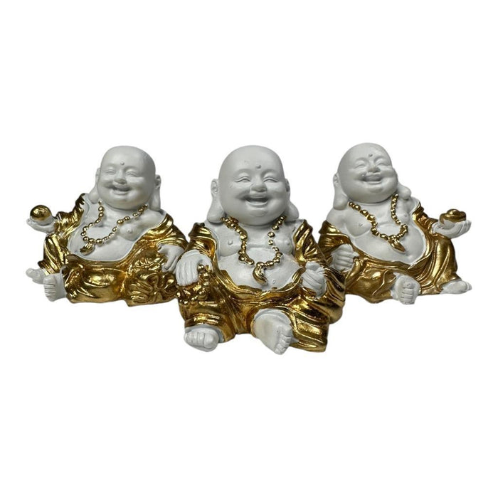 Mini Buddha Statues White & Gold Shiny Happy Ornament Figurines 4cm Set of 3