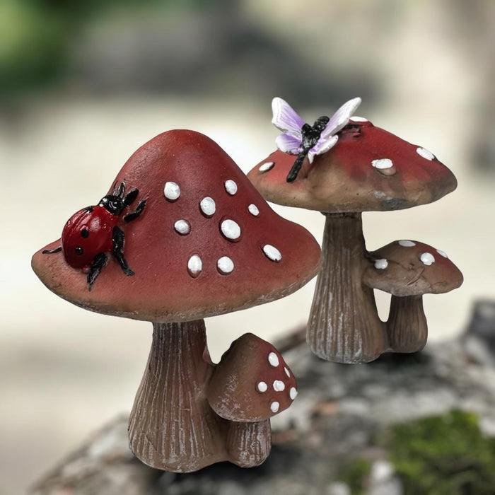 Miniature Fairy Garden Double Mushroom with Butterfly Dragonfly Ladybug or Bee