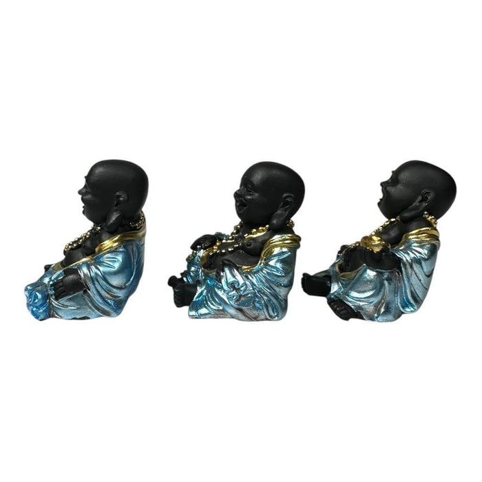 Mini Buddha Statues Blue Shiny Happy Ornament Figurines 4cm Set of 3