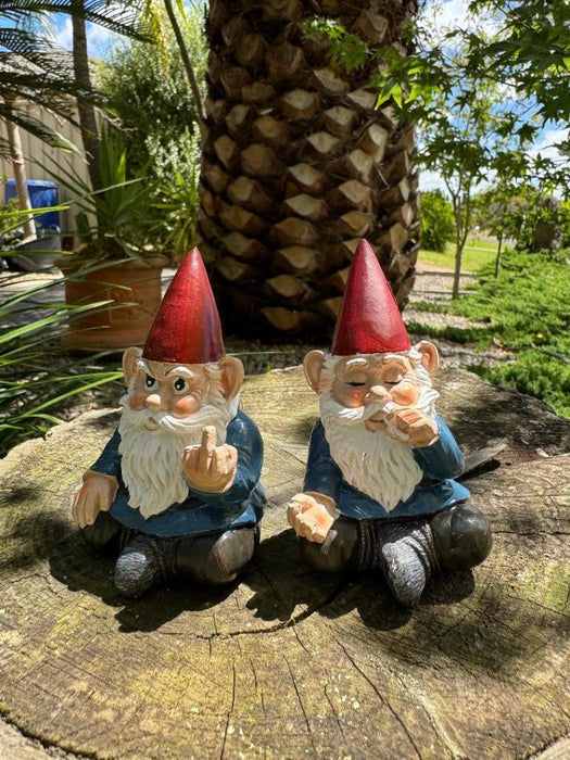 Garden Gnome Rude Finger & Smoking Gnome Set of 2 Funny Hilarious Gnomes 9.5cm