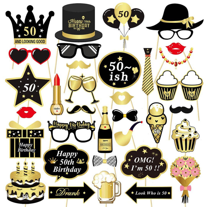 50th Birthday Photo Booth Props Funny Party Supplies Decorations 34pc Gold Black