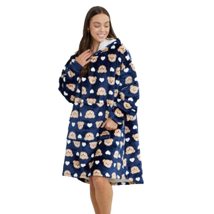 Hooded Blanket Soft Cozy Warm Fleece Wearable Oversize Blanket Hoodie Navy Bear