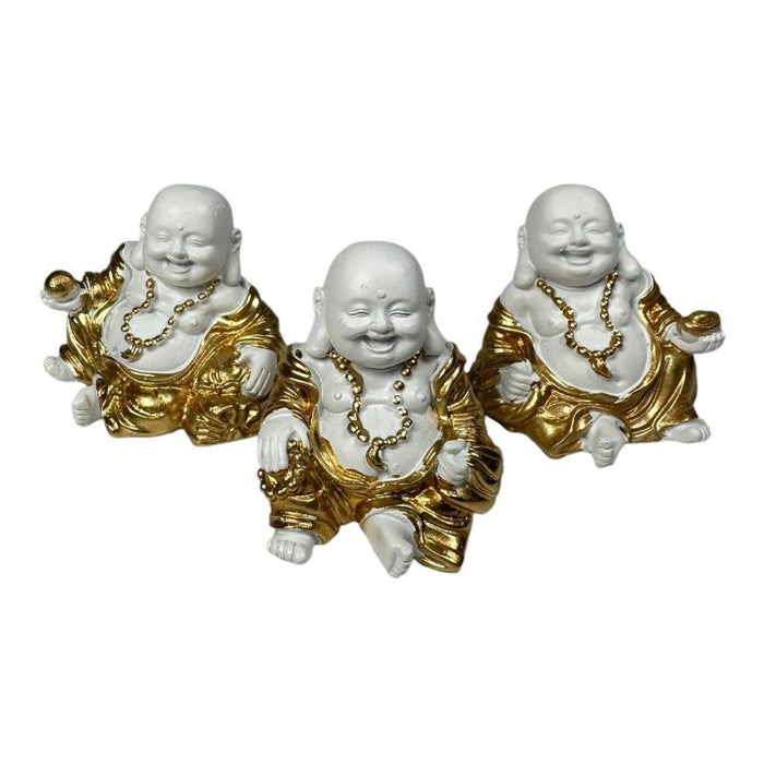 Mini Buddha Statues White & Gold Shiny Happy Ornament Figurines 4cm Set of 3