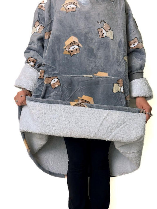 Hooded Blanket Soft Cozy Warm Fleece Wearable Oversize Cat Blanket Hoodie