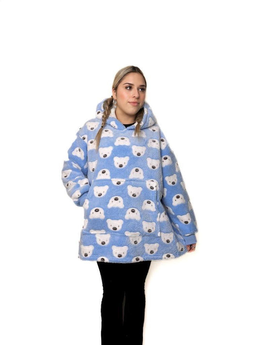 Hooded Blanket Soft Cozy Warm Fleece Wearable Kids Blanket Hoodie Blue Bear