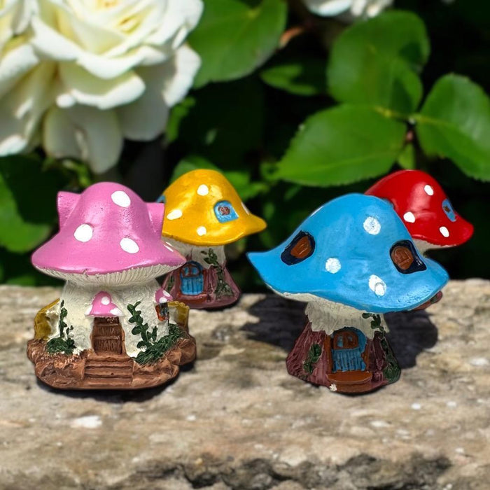 Miniature Fairy Garden Mushroom House Blue Yellow Pink Red Set of 4