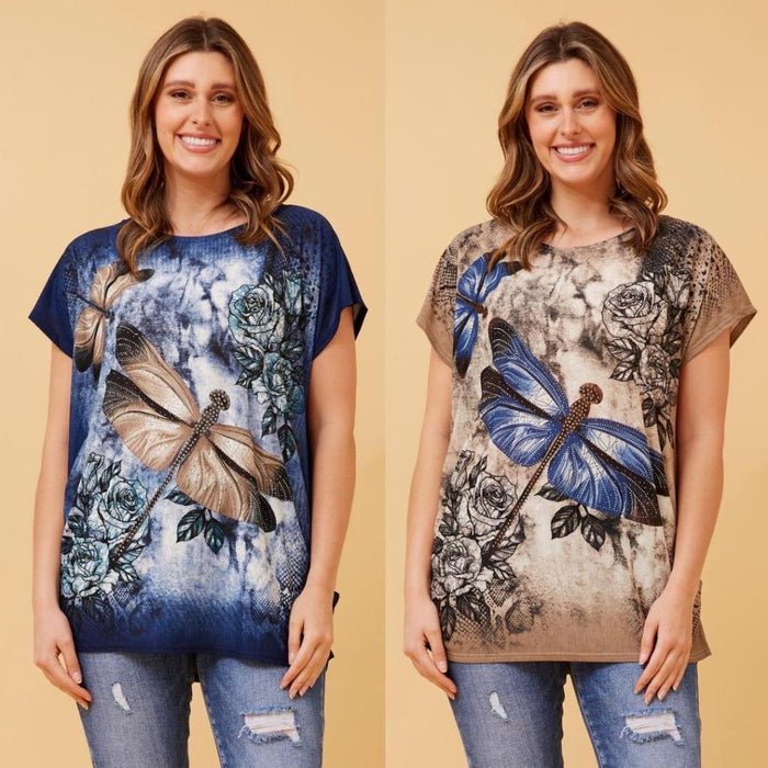 Caroline Morgan Women Casual Summer Top Dragonfly Flora Print Glitter Loose Tops