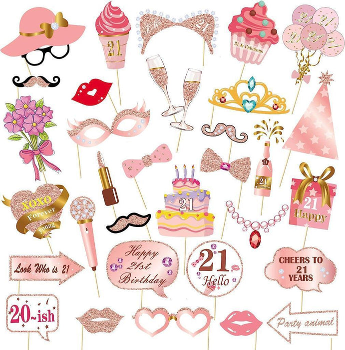 21st Birthday Photo Booth Props Funny Party Supplies Decorations 33pc Rose Gold