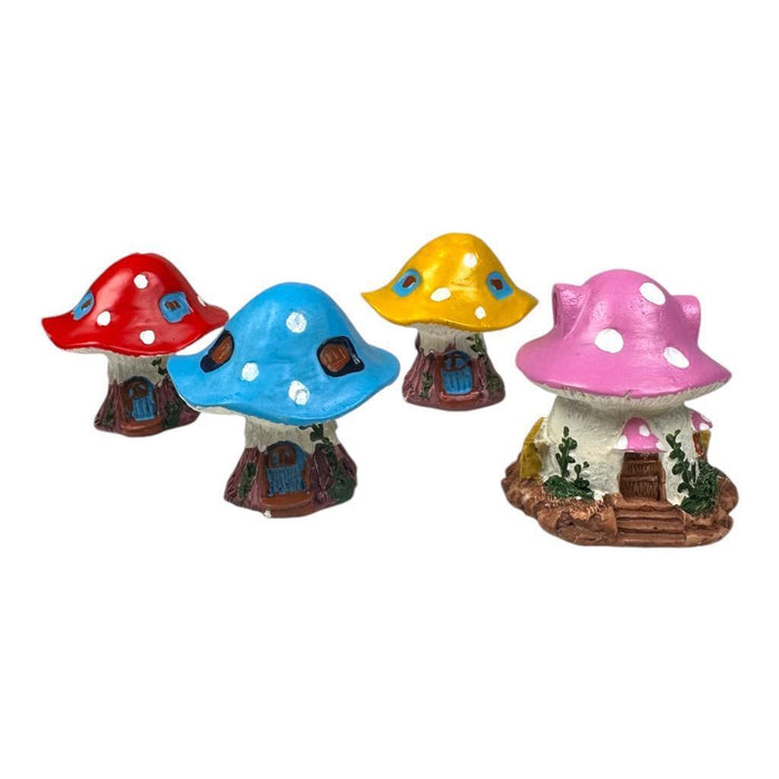 Miniature Fairy Garden Mushroom House Blue Yellow Pink Red Set of 4