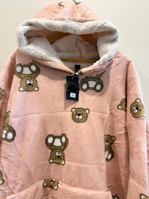 Hooded Blanket Soft Thick Warm Fleece Wearable Oversize Blanket Hoodie Pink Bear