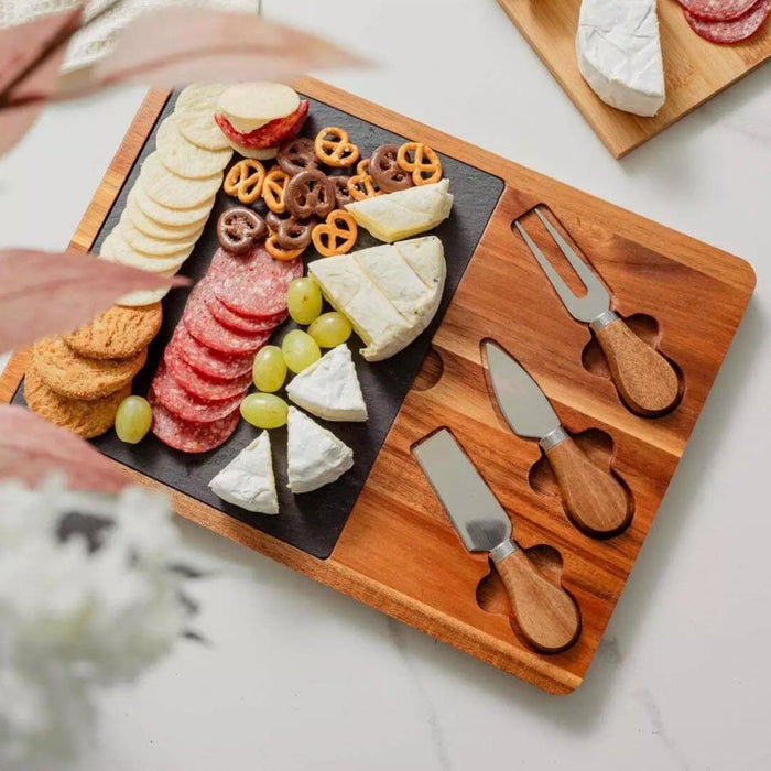 4 Piece Wood & Slate Cheese Board & Knife Set Charcuterie Board Serving Tray