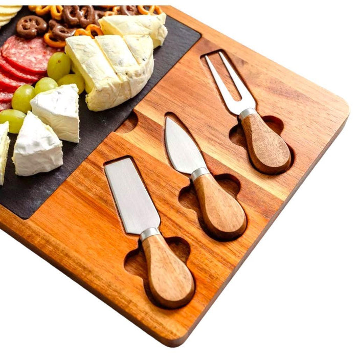 4 Piece Wood & Slate Cheese Board & Knife Set Charcuterie Board Serving Tray