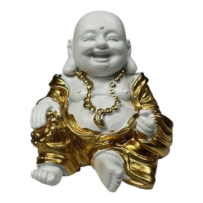 Mini Buddha Statues White & Gold Shiny Happy Ornament Figurines 4cm Set of 3