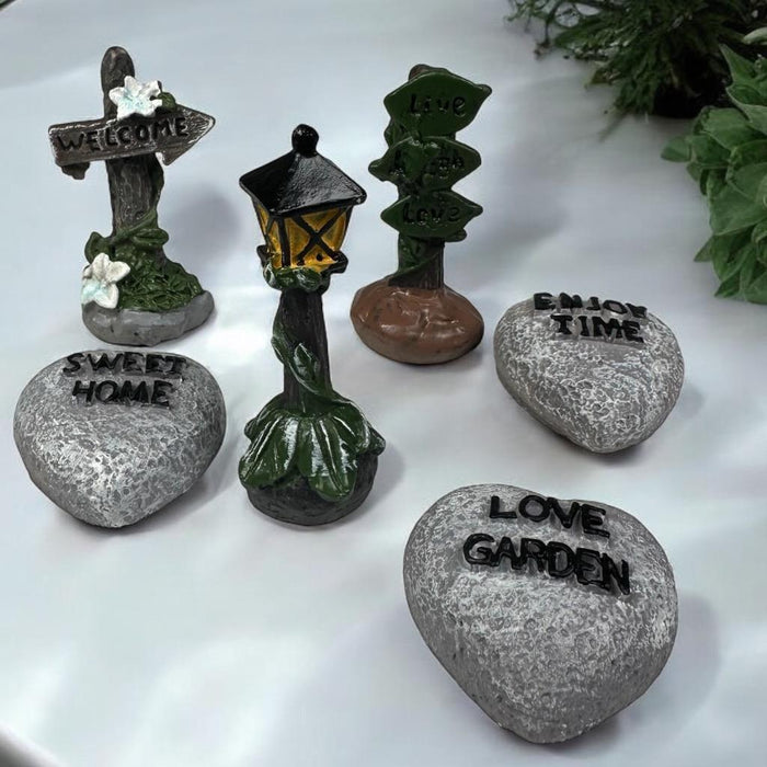 Miniature Fairy Garden Accessories Sign Posts, Lamps & Heart Stepping Stones 6pc