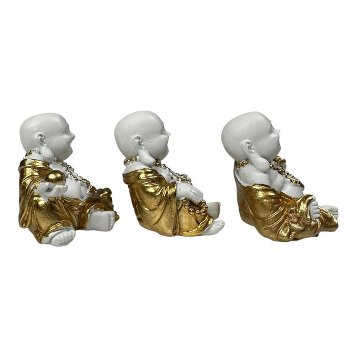 Mini Buddha Statues White & Gold Shiny Happy Ornament Figurines 4cm Set of 3