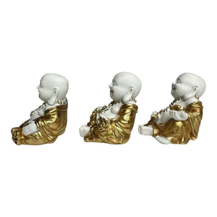 Mini Buddha Statues White & Gold Shiny Happy Ornament Figurines 4cm Set of 3