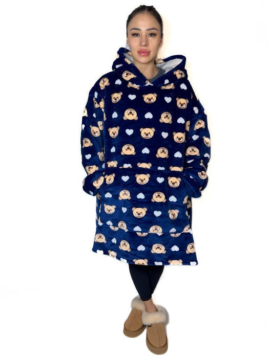 Hooded Blanket Soft Cozy Warm Fleece Wearable Oversize Blanket Hoodie Navy Bear