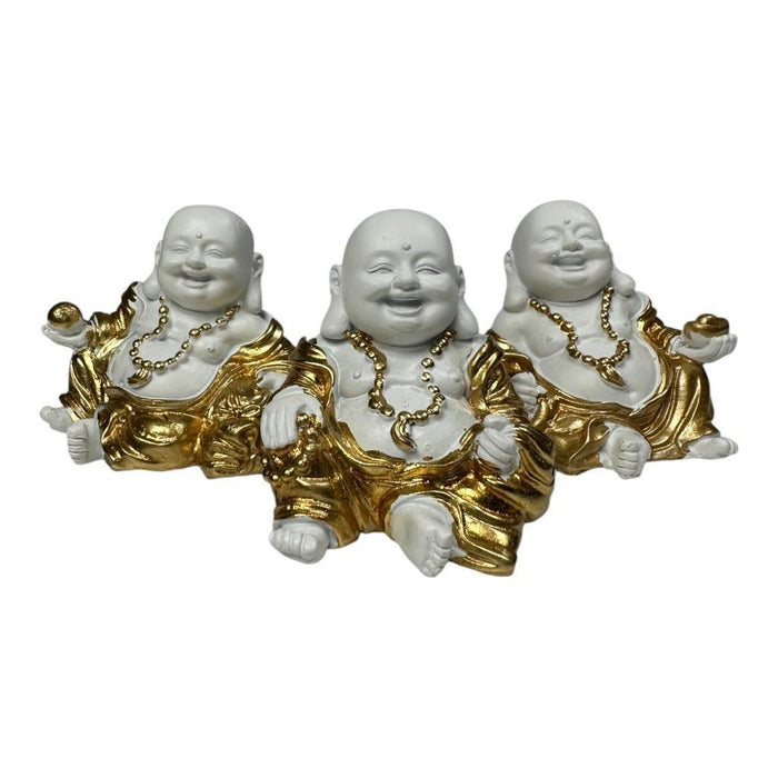 Mini Buddha Statues White & Gold Shiny Happy Ornament Figurines 4cm Set of 3