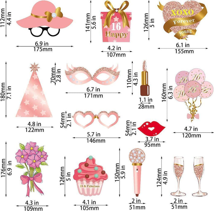 16th Birthday Photo Booth Props Funny Party Supplies Decorations 33pc Rose Gold