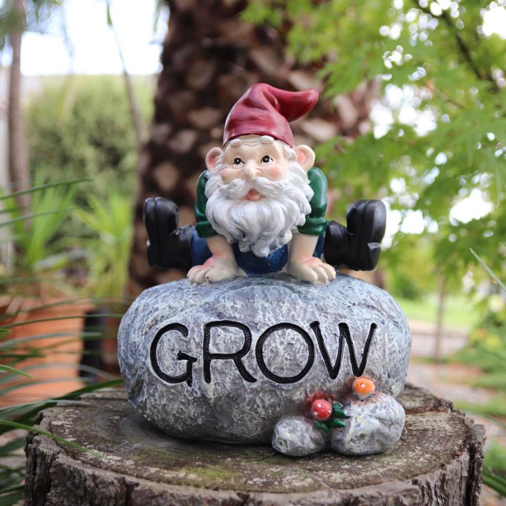 Garden Gnomes Statue Gnome on Rock with Word Grow Fairy Garden Décor Figurine