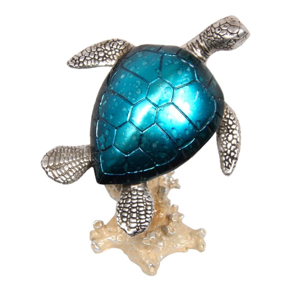 Blue Sea Turtle On Coral Statue 18cm Figurine Metallic Gift Decor Ornament