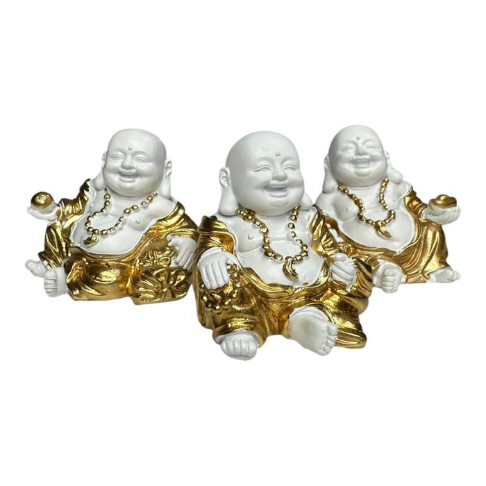 Mini Buddha Statues White & Gold Shiny Happy Ornament Figurines 4cm Set of 3